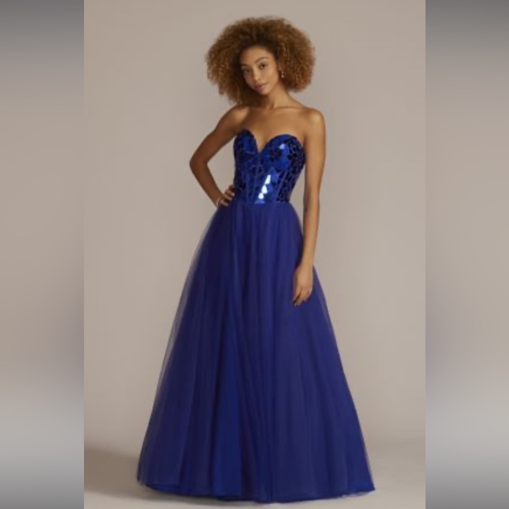 MOSAIC BEADED BALL GOWN WITH FULL SPARKLE SKIRT,SAPPHIRE
